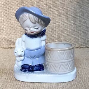 Vintage Porcelain Toothpick Holder Cute Child Bunny Rabbit Sweet Coastal